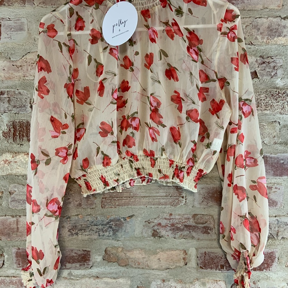 Pollys sheer floral long sleeve top blouse
